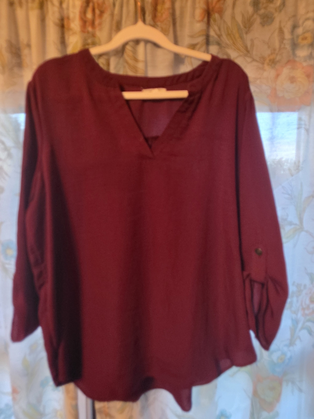 Maurices Burgundy V-Neck Roll-Tab Sleeve Tunic